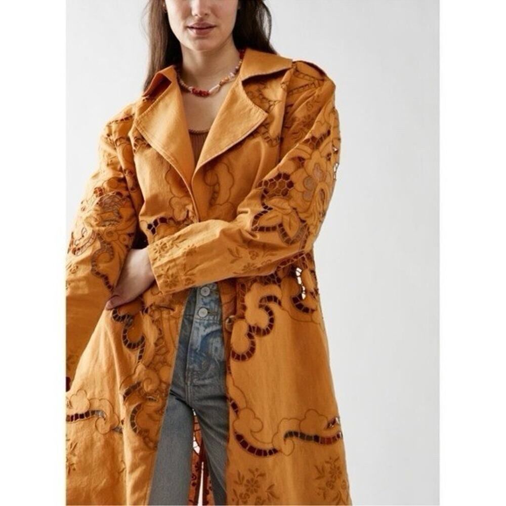 Free People Mustard Embroidered Trench Coat - Picture 9 of 15